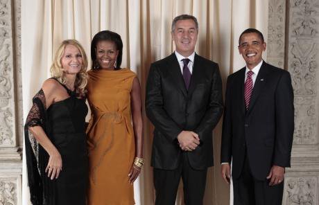 Prime Minister Milo Đukanović, and his wife, meet the Obamas. US Federal Government photograph. Public Domain.