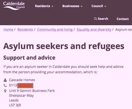 Calderdale Council&#x27;s misleading advice to asylum-seekers (screenshot 20 June 2017)