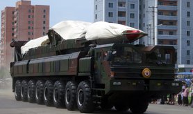 Ballistic missile and launcher in military parade, North Korea, 2013
