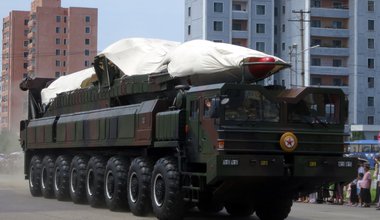 Ballistic missile and launcher in military parade, North Korea, 2013