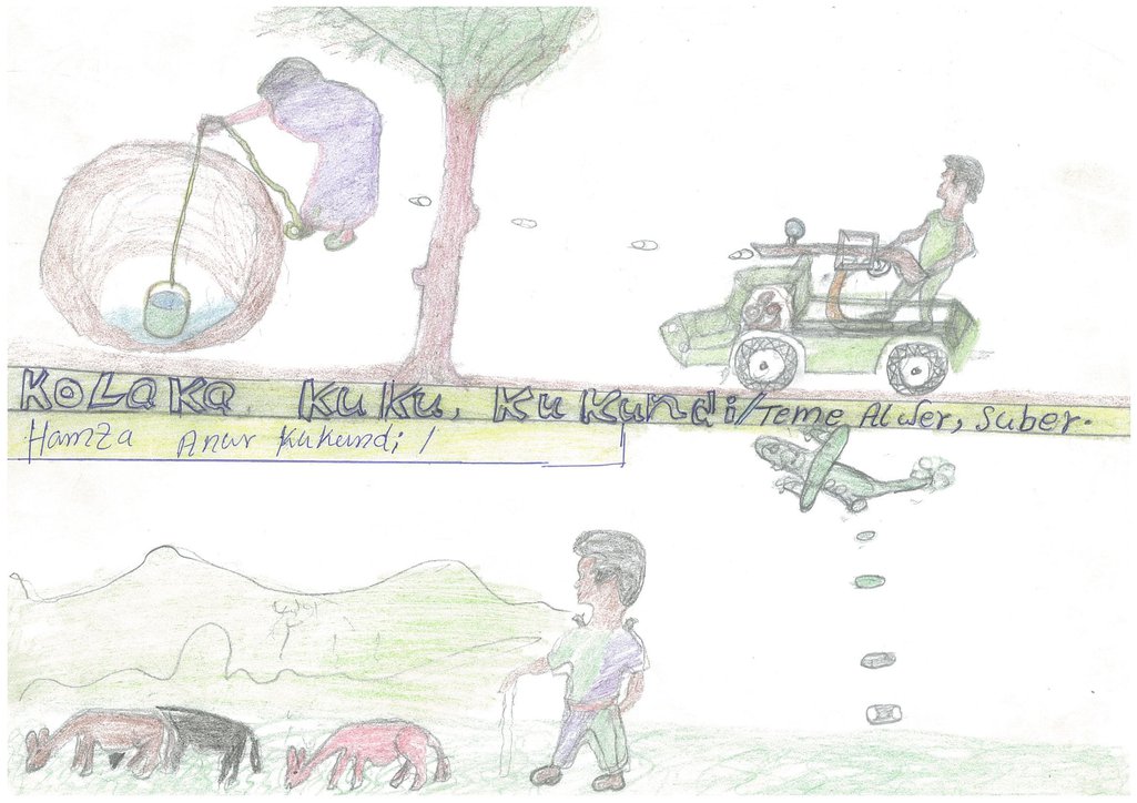 Child's drawing showing pickup-mounted gun firing at a woman drawing water from a well
