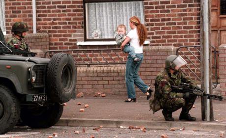 Soldiers patrol Belfast streets in 1996.