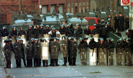 RUC police in riot gear in 1998.