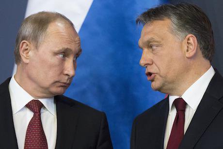 Russian President Vladimir Putin, left, talks to Hungarian Prime Minister Viktor Orban. Credit: Alexander Zemlianichenko/AP/Pres