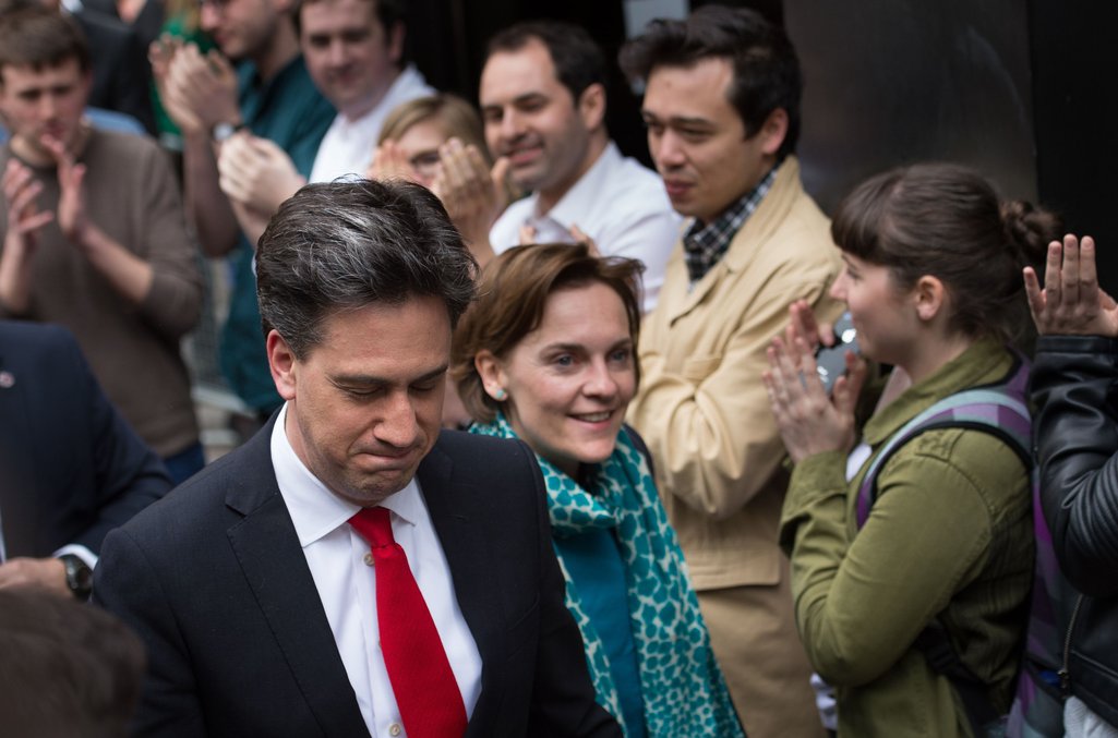 Labour leader Ed Miliband is greeted by staff as he arrives with his wife Justine at the Labour party central office in Brewer's Green, before delivering his resignation speech at 1 Great George street, London, 8 May 2016