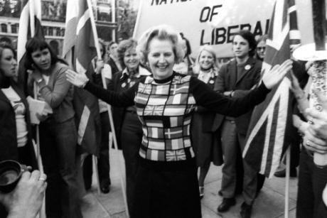 Opposition Leader Margaret Thatcher shows her European colours in Parliament Square, June 1975.