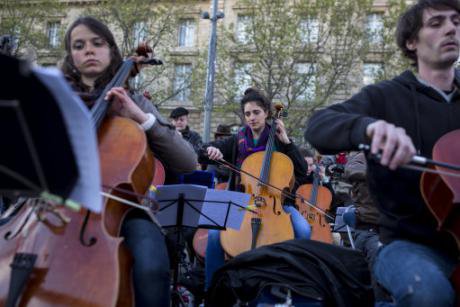 A Nuit Debout orchestra gathers on the Place de la Republique, in Paris, April, 2016, in public protest.