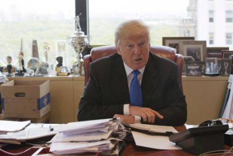 Donald Trump speaks during an interviewed in his office at Trump Tower, May 10, 2016, New York.