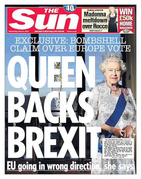 Front page of The Sun newspaper in March. The &#39;Queen backs Brexit&#39; headline was inaccurate, the Independent Press Standards Orga