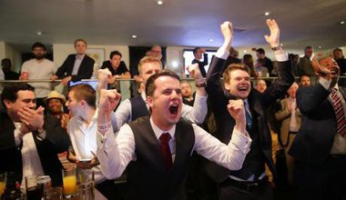 Brexit supporters celebrate the referendum result, 24 June 2016.