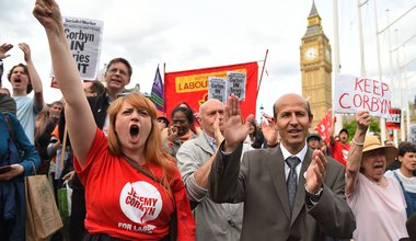 Momentum holds a 'Keep Corbyn' demonstration outside the Houses of Parliament in London, at the same time as the Parliamentary Labour Party is due to meet inside., 27 June 2016