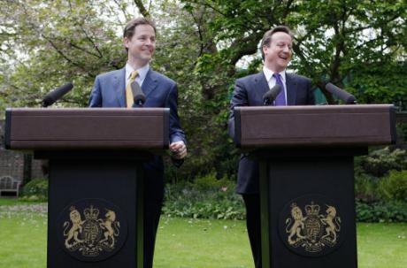 Nick Clegg and David Cameron at the first press conference of their coalition government