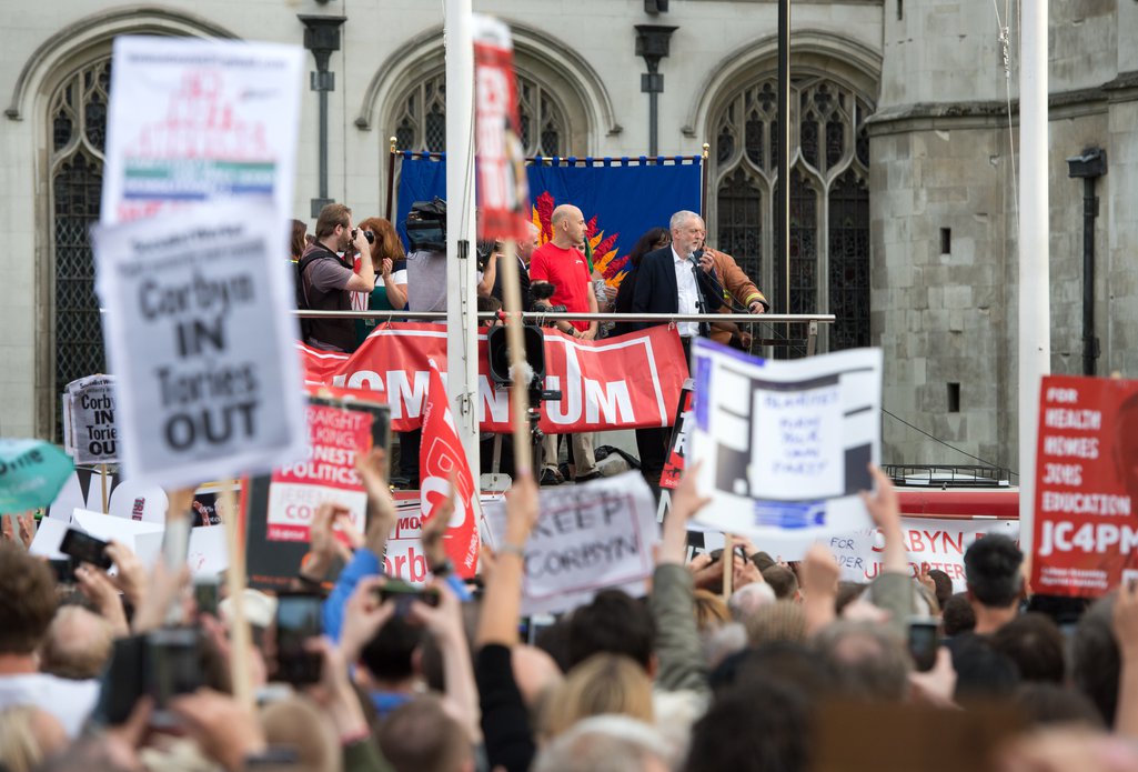 Jeremy Corbyn speaks in Parliament Square, where the Momentum campaign group are holding a 