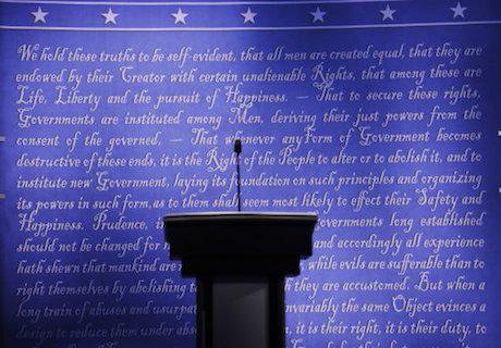 The stage is set for Monday&#39;s presidential debate. Patrick Semansky/AP/Press Association Images. All rights reserved.