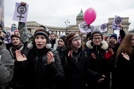 Women at an unauthorised march in St Petersburg, Russia, on International Women’s Day 8 March 2017.