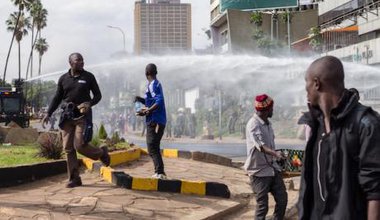 Nairobi police use water cannon on a crowd during post-election unrest in 2017