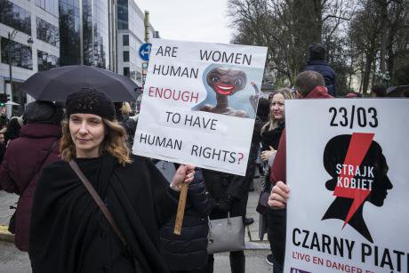 Protest in Brussels against the tightening of the abortion law in Poland, March 2018.