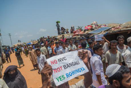 A demonstration over identity cards at a Rohingya refugee camp in Bangladesh in April, 2018
