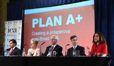 Shanker Singham, Gisela Stuart, David Davis MP, Jacob Rees-Mogg MP and Theresa Villiers MP attend the launch of the Institute of Economic Affairs Plan A+ research paper, in central London, 24-Sep-2018