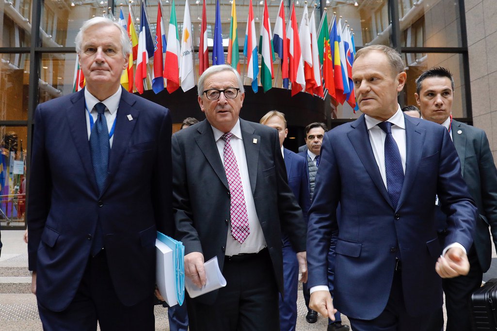 Michel Barnier, Jean-Claude Juncker, and Donald Tusk President of the European Council.