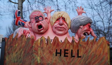 Effigies of Theresa May, Boris Johnson, Michael Gove and David Davis are driven past the Houses of Parliament. 13 Feb 2019