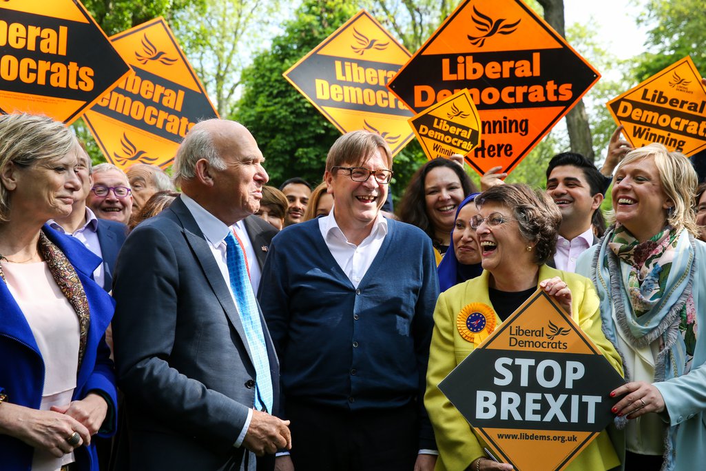 Guy Verhofstadt, EU Parlt. rep. on Brexit and the Leader of the Alliance of Liberals and Democrats for Europe is seen with Vince Cable and MEP candidates during the EU election campaign.