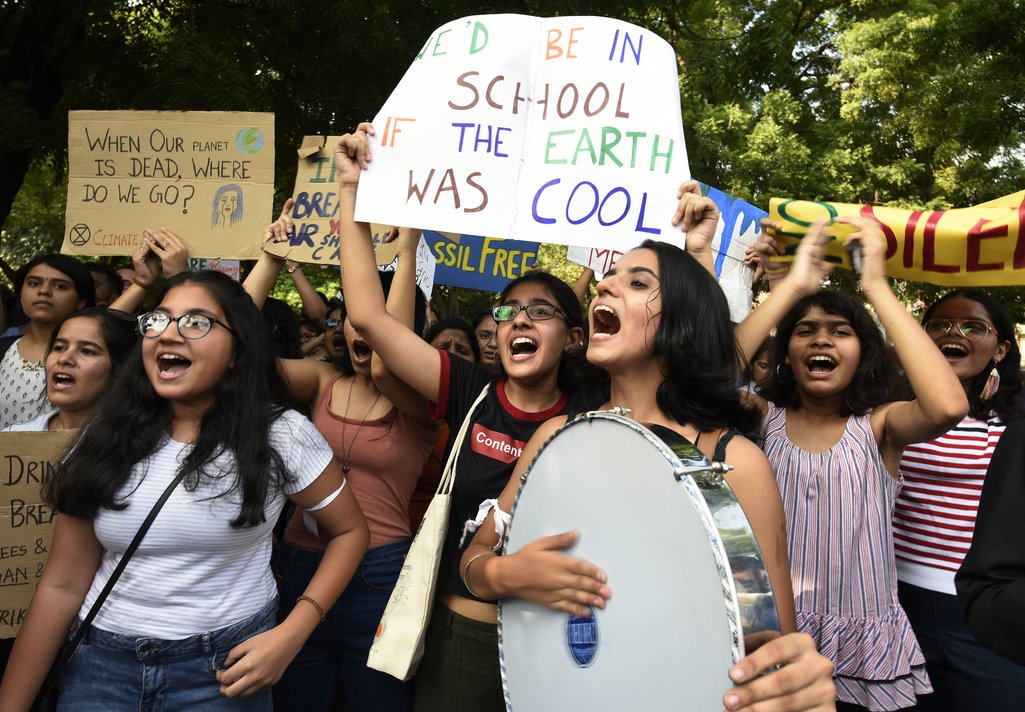 Young people protesting in New Delhi, India as part of the global climate strike, 2019.
