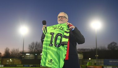 Jeremy Corbyn holds a football shirt presented to him at Forest Green Rovers in Nailsworth, Stroud, while on the General Election campaign trail. 09-Dec-2019