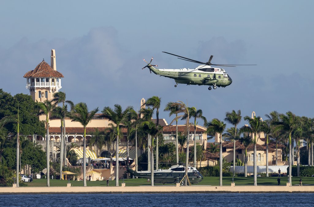 The US presidential helicopter Marine One takes off outside Donald Trump's Florida mansion Mar-a-Lago