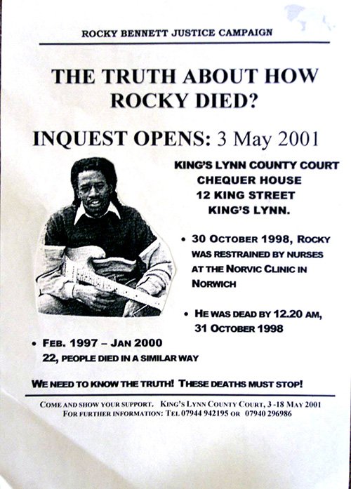 A poster publicising the inquest into death of David 'Rocky' Bennett