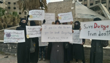 A gathering of Women from Women Now network in besieged eastern Ghouta in Solidarity with Daraya women campaign (April 2016)