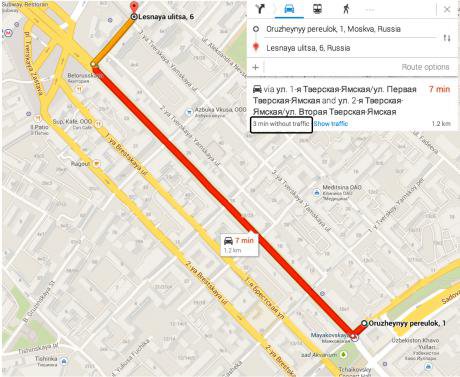 Likely route between the Garden Ring and VTB bank. In light traffic, the journey should take three minutes.