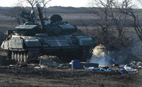 A Ukrainian talk damaged and abandoned in the retreat from Debaltseve.