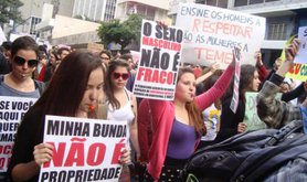 The first Slut Walk in São Paulo, Brazil, gathered over 500 people on the 4th June 2011. Ladies holding banners in protest
