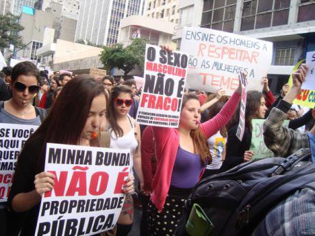 The first Slut Walk in São Paulo, Brazil, gathered over 500 people on the 4th June 2011. Ladies holding banners in protest