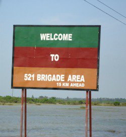 A welcome sign to 521 Brigade Area in English only