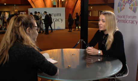 Moana Genevey speaks to Inna Shevchenko at the 2017 World Forum for Democracy.