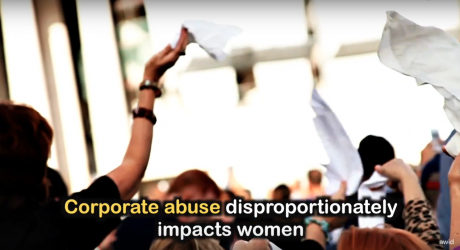 "Corporate abuse disproportionately impacts women" still from video.