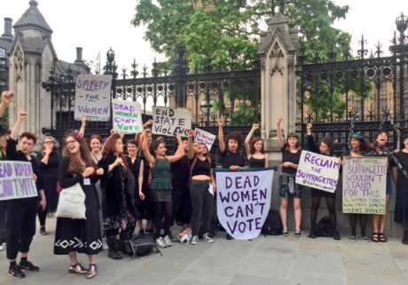 Sisters Uncut protest in June 2016 outside parliament.