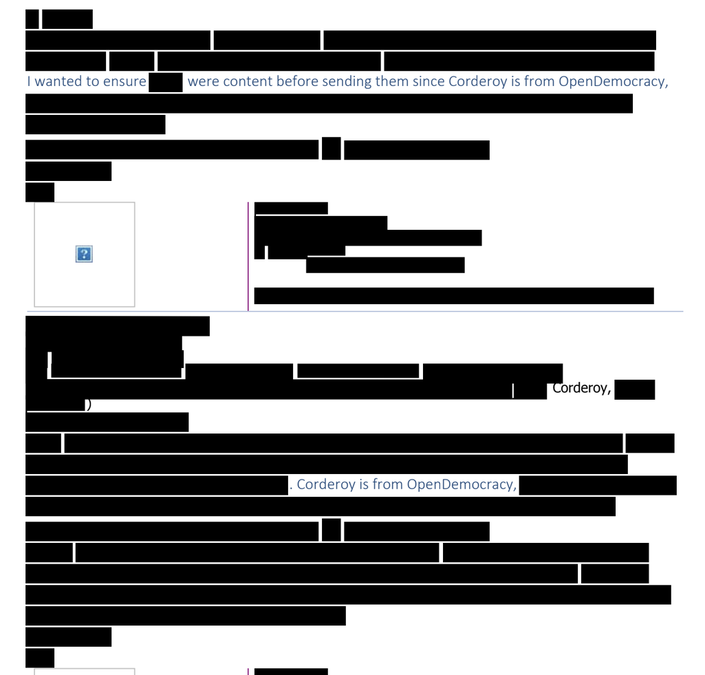 Redacted government correspondence about Jenna Corderoy