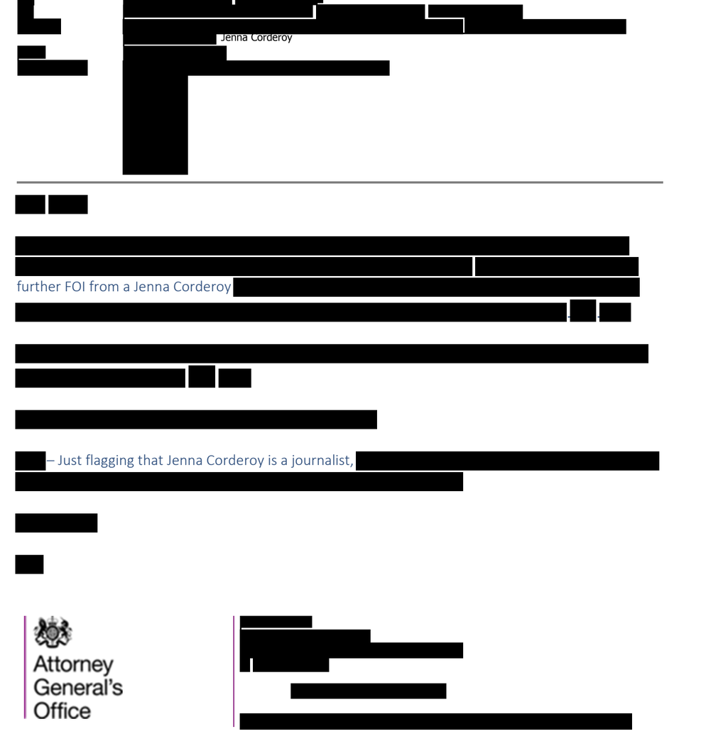 Redacted government correspondence about Jenna Corderoy (Attorney General's Office)