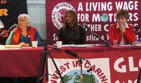 From left to right, Selma James, Margaret Prescod and Professor Alison Wolf at Global Women's Strike conference.