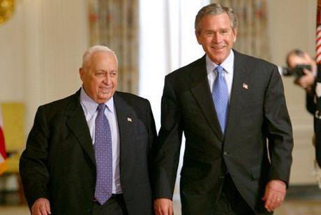 U.S. President George W. Bush and Israeli Prime Minister Ariel Sharon prior to talking with at White House, April 2004