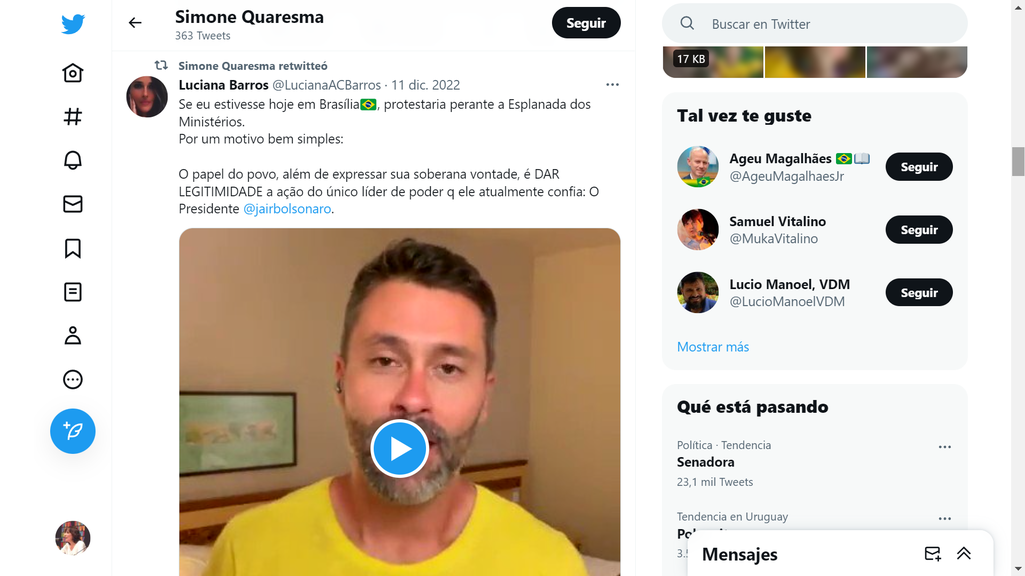 Captura de pantalla de la cuenta de twitter de Simone Quaresma, que muestra que retuiteó un video del influencer bolsonarista de extrema derecha Paulo Souza