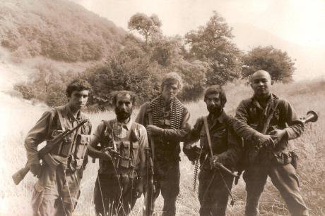 Nagorno-Karabakh forces pose with Kalashnikovs in 1992.