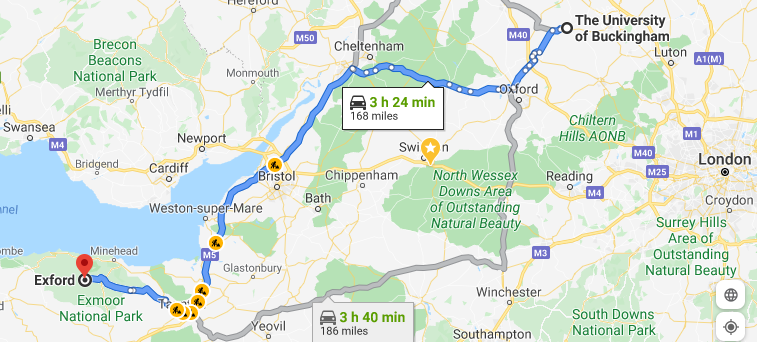Google Maps route from University of Buckingham to Exford