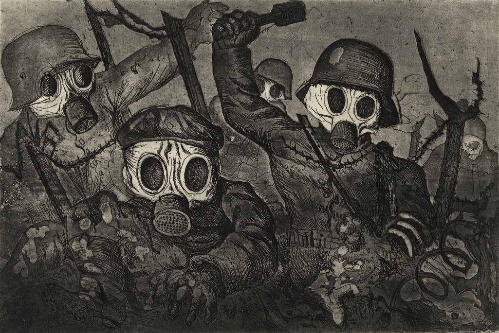 'Stormtroops Advancing Under Gas', etching and aquatint from 'Der Krieg' by Otto Dix, 1924.
