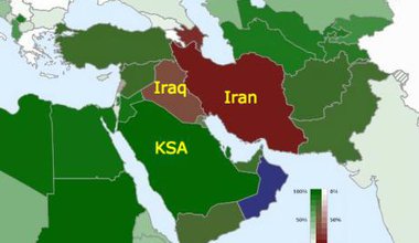 The Sunni/Shia breakdown by country. Sunni: Green. Red: Shia.