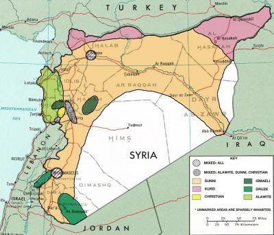Sectarian map of Syria, typically found next to articles by Middle East experts. Wikimedia commons.