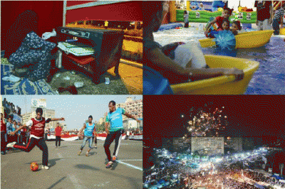 woman cooking food, children swimming, men playing football, the protests at night